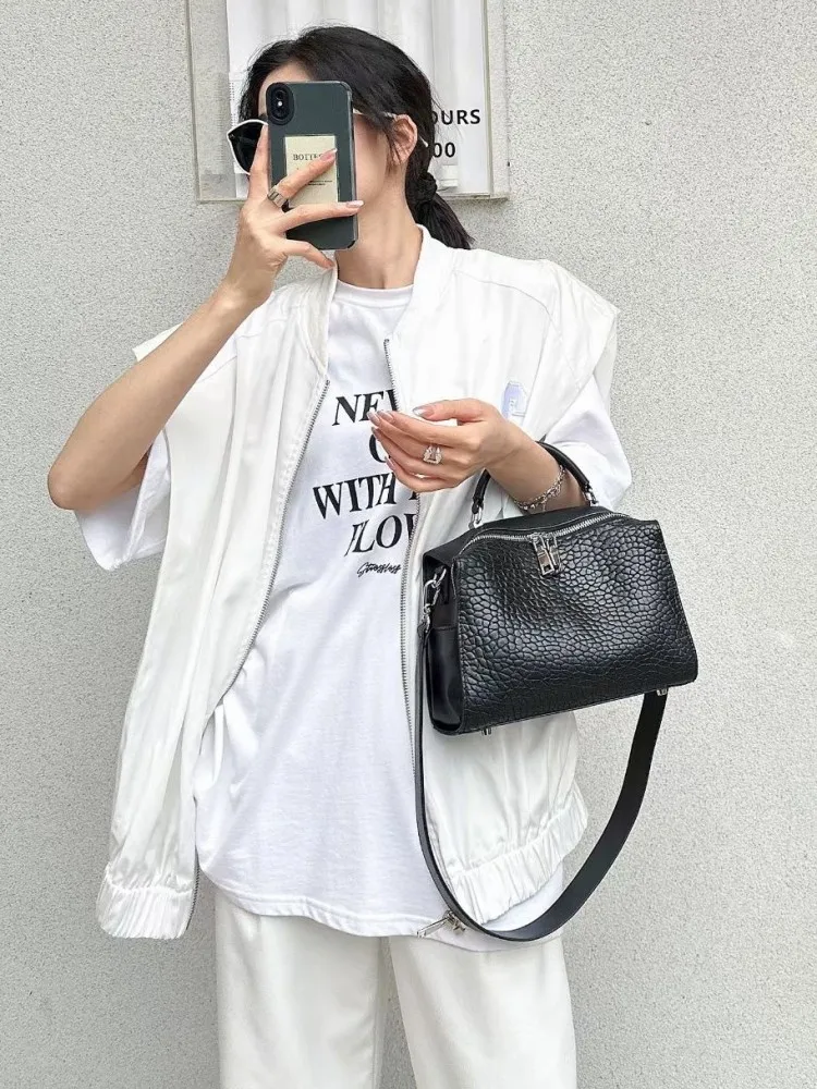 High Street Casual Women Messenger Bag Black Soft Cwo Split Leather Single Shoulder Bag Zip Fashion Totes Handbag Crossbody Bags