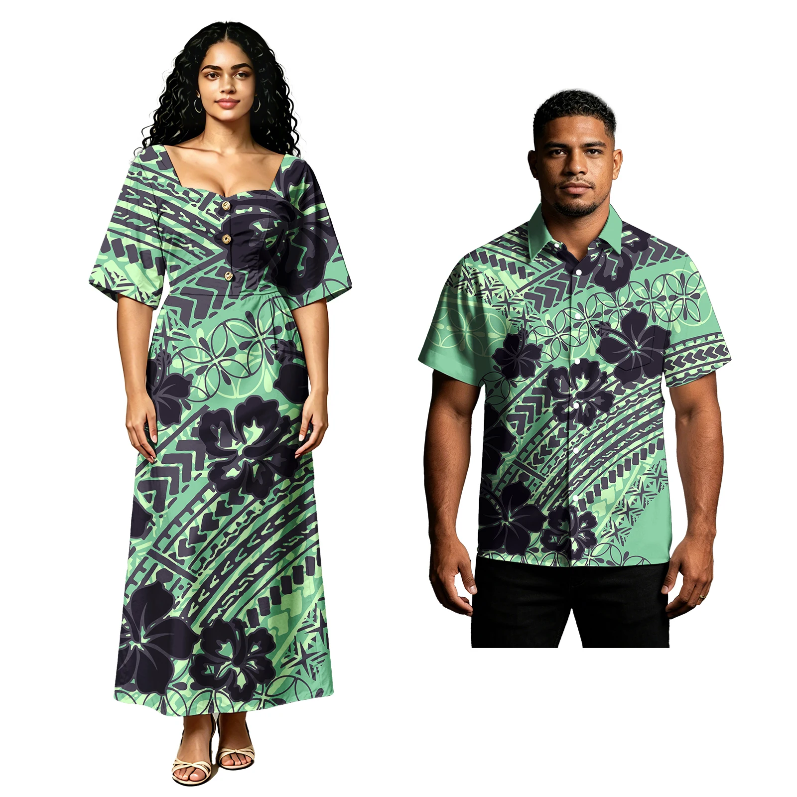 Party Polynesian Tribal Style Men Shirts Ladies Sweetheart Neckline Samoan Dress Pacific Hawaiian Hibiscus Print Couple of Set