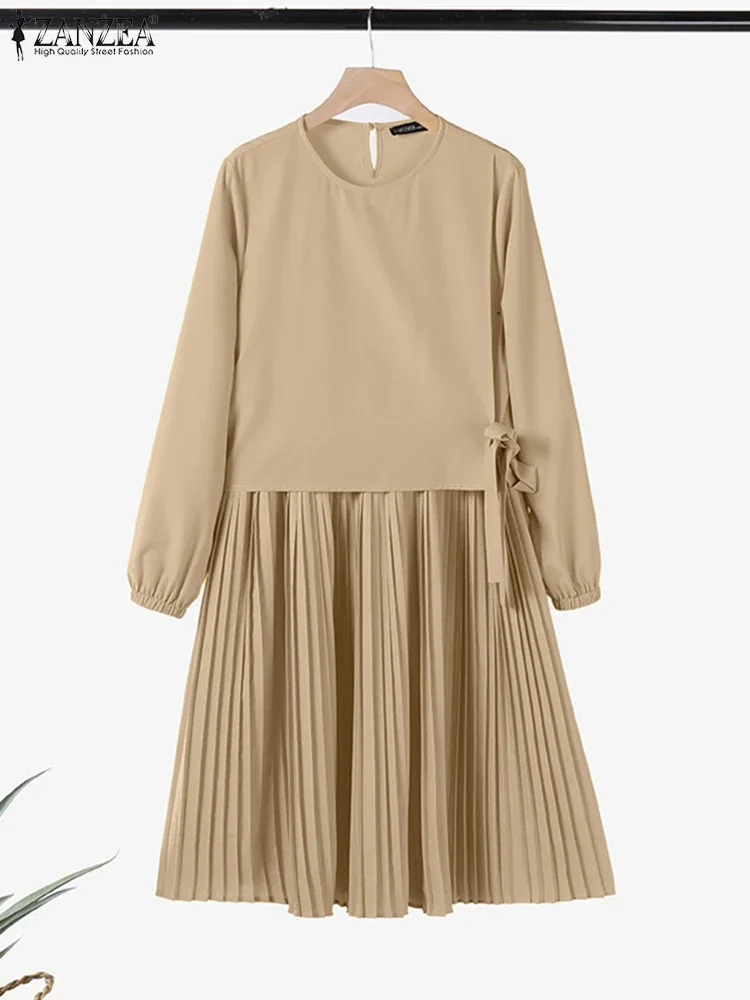 

Muslim Women Chic Long Tops ZANZEA Islamic Fashion Long Sleeve Hijab O-Neck Wrapped Pleated Hem Blouses Modest Tied Solid Tunics
