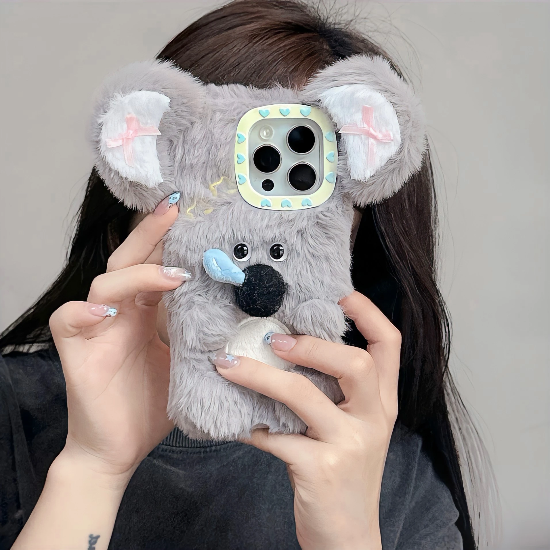 Cartoon Cute Plush Gray Koala Furry Phone Case for iphone13 14 15 16 Promax Shockproof Protective Cover Gift