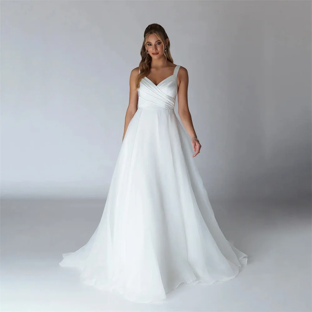 

A Line Simple Spaghetti Strap Bridal Gowns V Neck Floor Length Wedding Dress Back Button Organza Wedding Gown свадебное платье