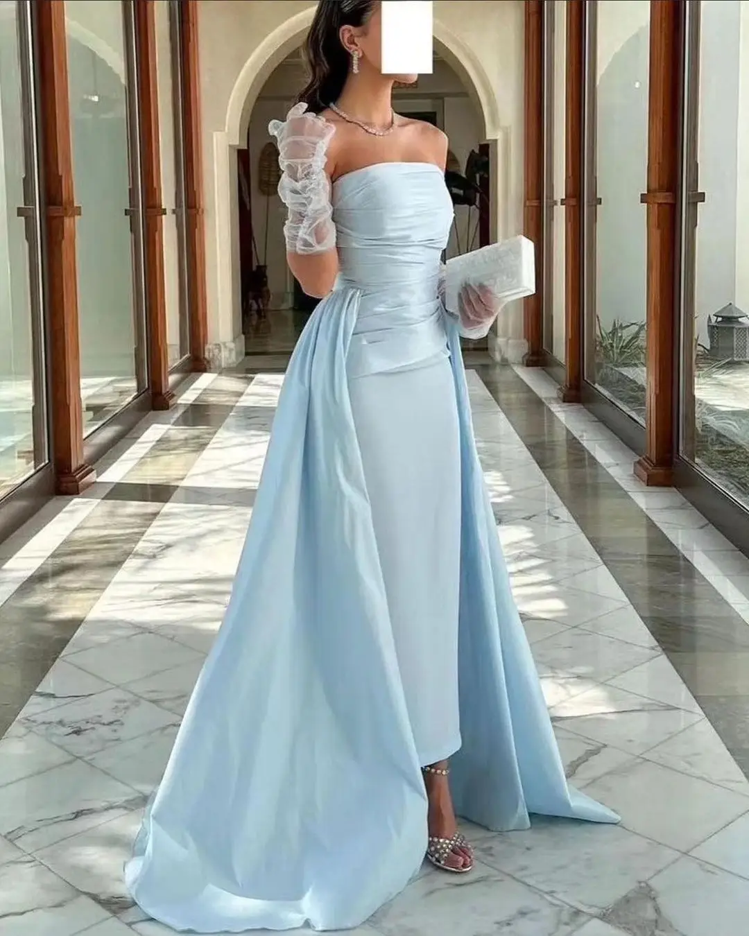 

FLORINE TULIRAIN Strapless Neckline Sleevless Court Train Bule Zipper Up Wedding Evening Dress Cocktail Prom Gown For Sexy Women