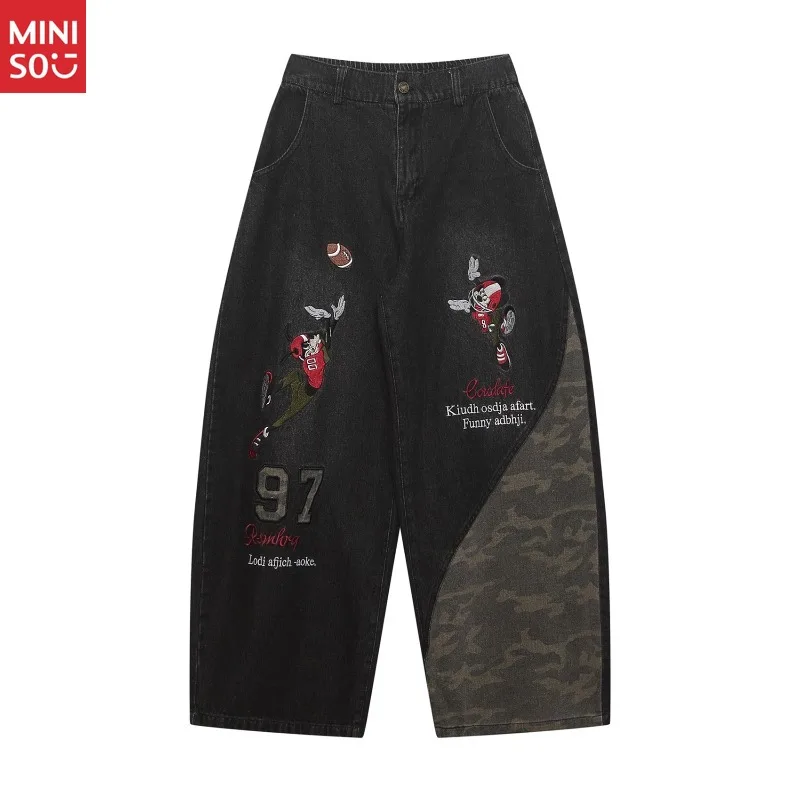 

Miniso American Retro Cartoon Embroidery Patchwork Camouflage Jeans Unisex Autumn Loose Versatile Wide Leg Pants