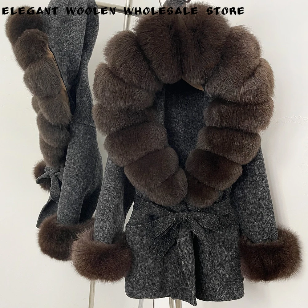 Women's Wool Blends Coat Fox Fur Collar Jacket Cuffs Belted Tie Waist Warm Winter Luxury Elegant Old Money for Office Party Wear