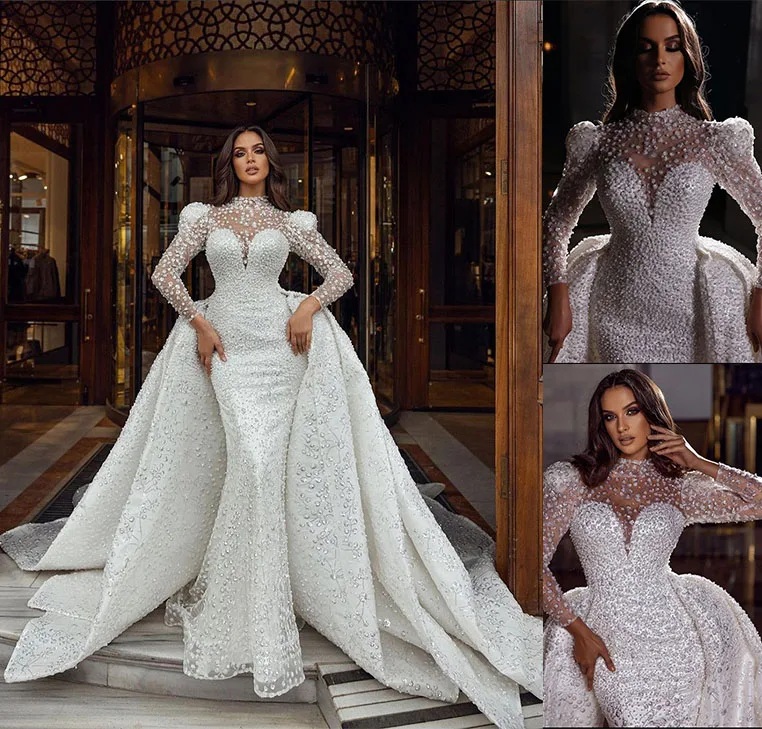 

Luxury Mermaid Wedding Dress With Detachable Train Lace Pearl Crystal Arabic Trumpet Bridal Gowns Long Sleeves Robe De Soirée