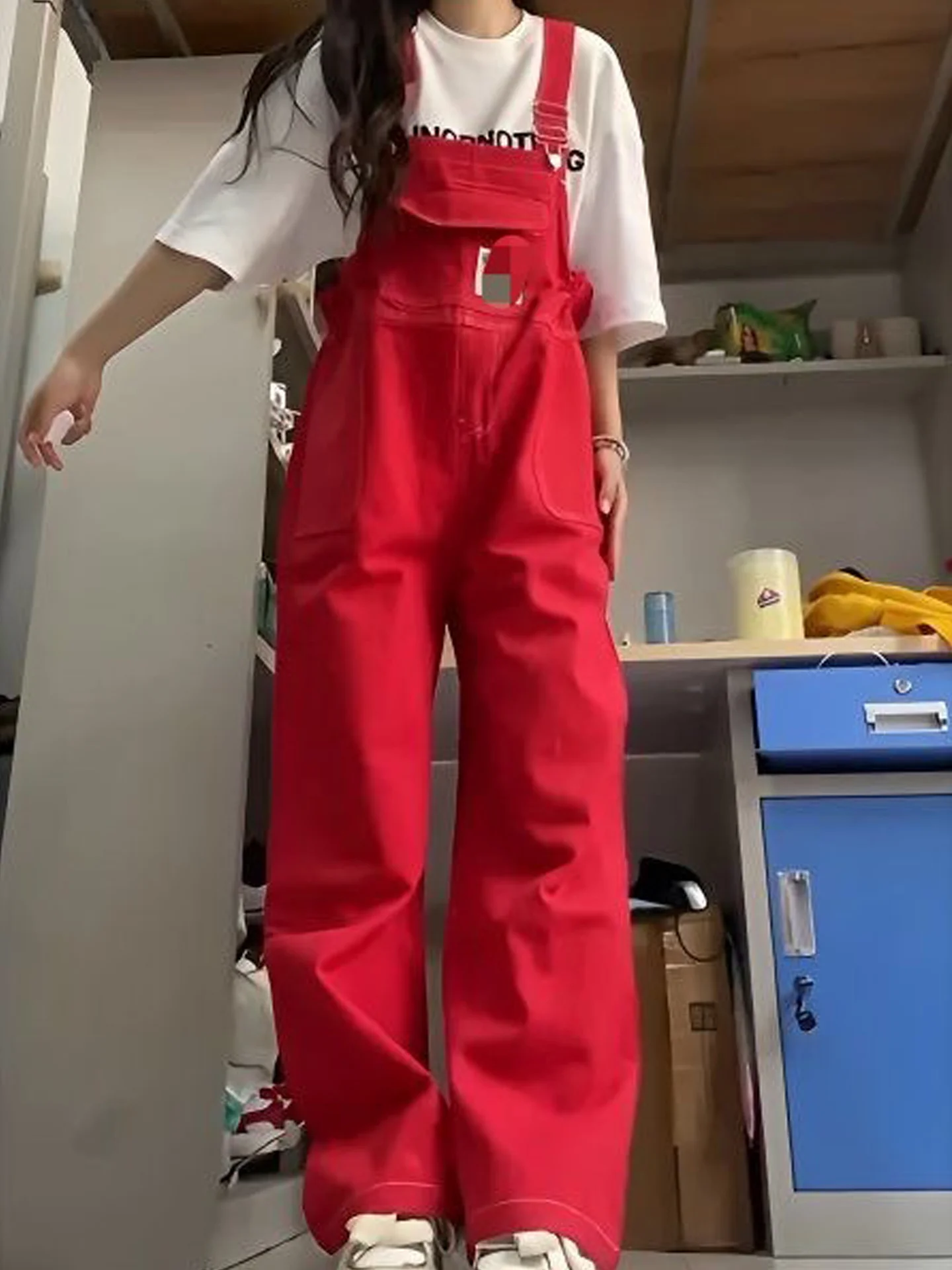 

American Style Wide Leg Red Denim Overalls Women's Summer New Trend Straight Cut Draping Floor Length Pants High Waist Jeans