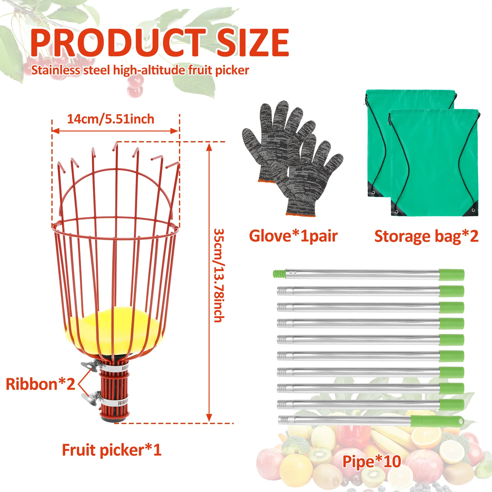 4/6 متر منتقي الفاكهة مع القطب قابل للتعديل الفولاذ المقاوم للصدأ توفير العمالة قطف الفاكهة القطب أداة البرتقال المنتقى سلة لمزرعة الكمثرى #6