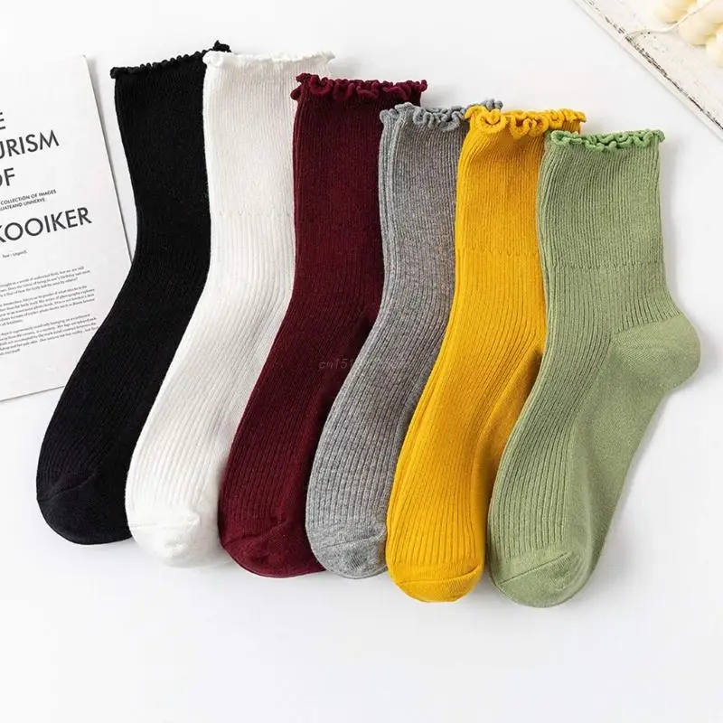 

Cute Ruffle Socks for Women Solid Color Casual Breathable Vintage Frilly Lettuce Edge Cotton Ribbed Knit Ankle Socks