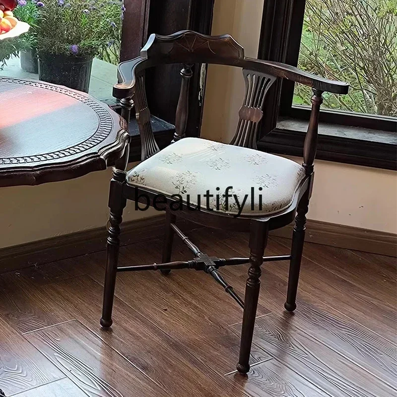 S7486teae ريترو الخشب الصلب الثلاثي كرسي الطعام مسند الظهر كرسي ماكياج