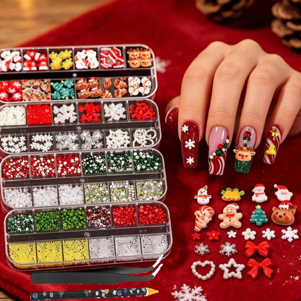 4box Christmas Rhinestone Cartoon Nail Charms Snowman Snowflake Reindeer Nail Decoration Christmas Pearl Flower Manicure Set