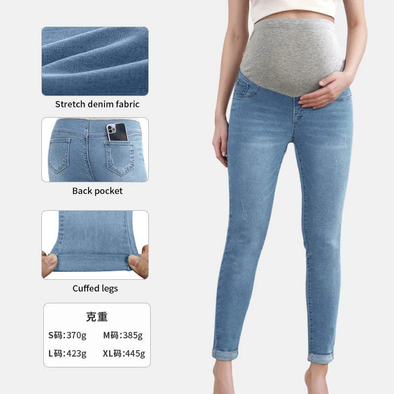 Umstandsjeans mit hoher Taille und Bauchstütze, Stretch-Denim, Skinny-Hose, Frühjahrskleidung für Schwangere
