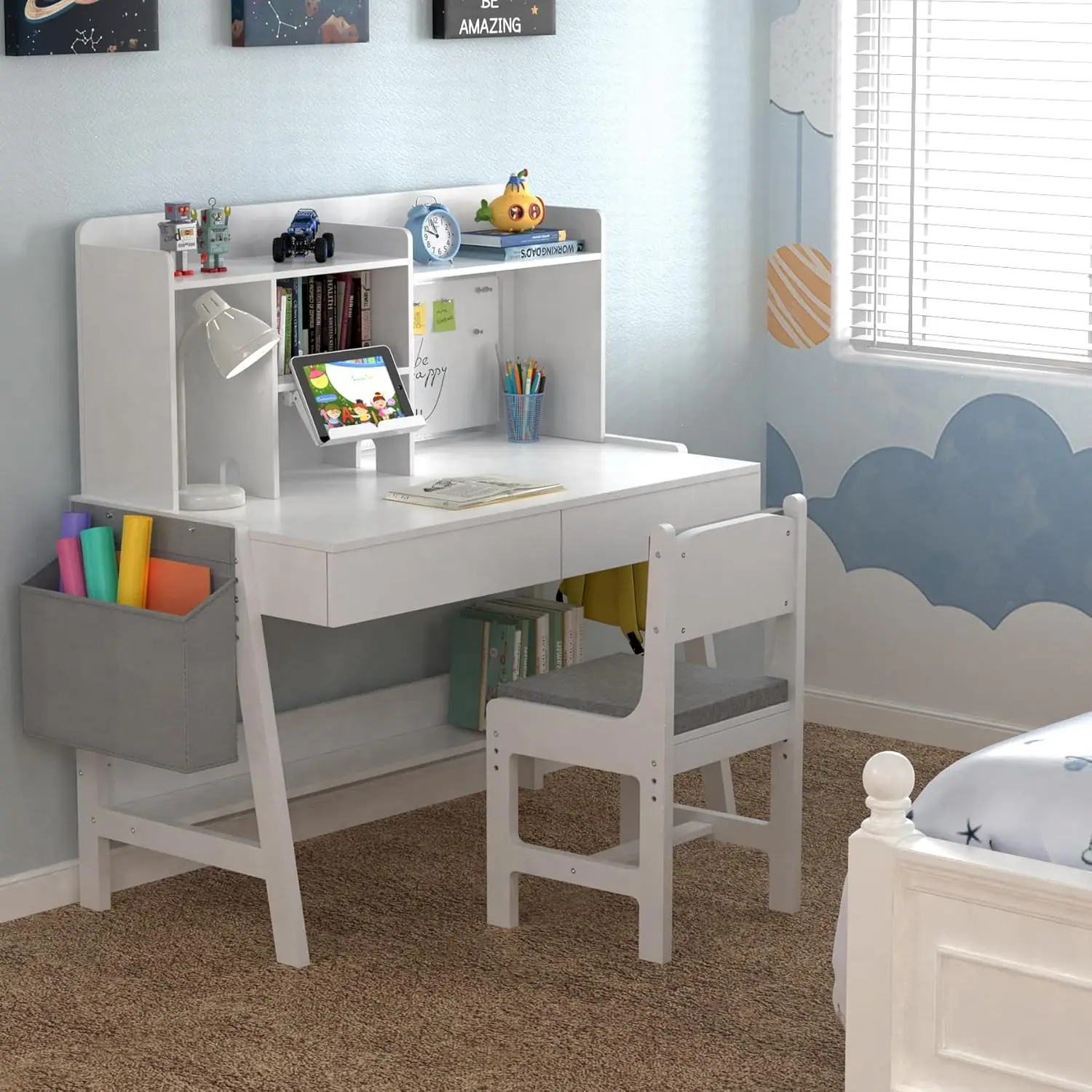 Height Adjustable Kids Study Desk & Chair Set with Hutch Drawers Book Stand Whiteboard Shelf for Ages 5-12, Customized