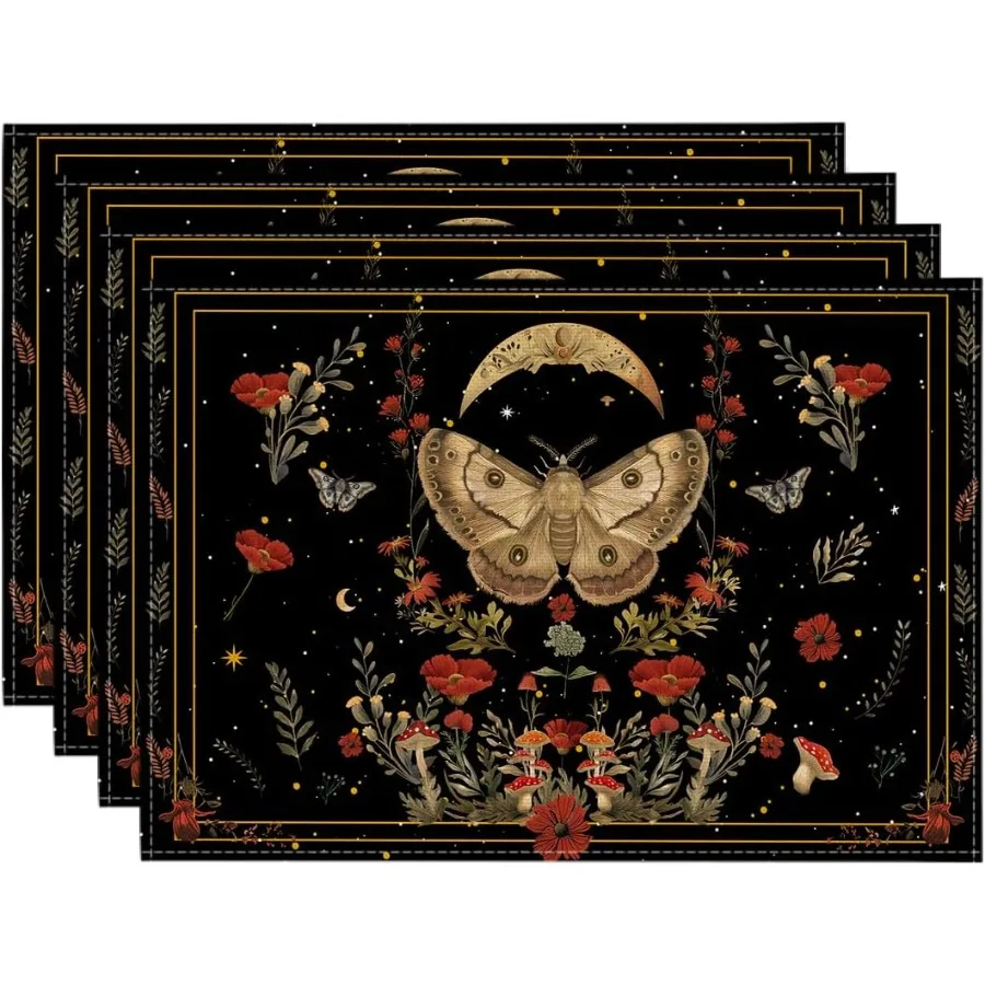 

Black Poppy Moth Moon Placemats Set of 4 12x18 Inch Floral Spring Table Mats for Outdoor Home Party Kitchen Dining Decor