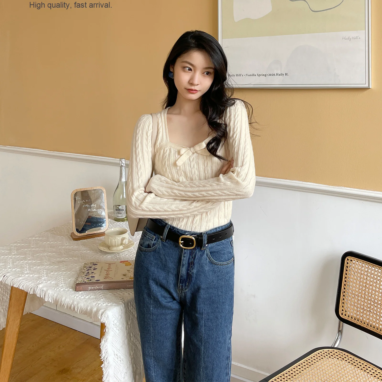 

and Glutinous Soft French Style Retro Square Collar Elegant Bow Bottoming Sweater 3556 cropped sweater