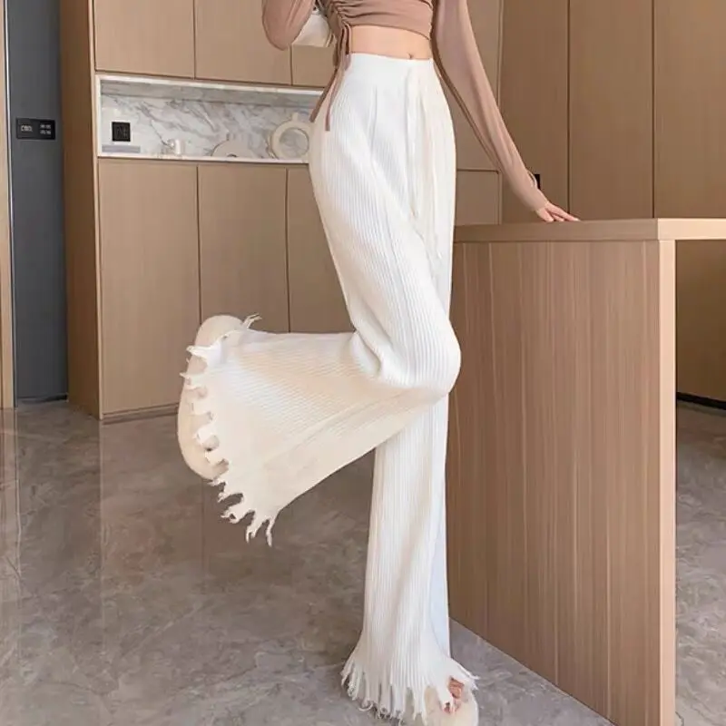 Designer Tassels Wide Leg Knitted Pants Women Winter Chic Stripe Loose Trousers Femme Casual Full Length Warm Sweater Pants