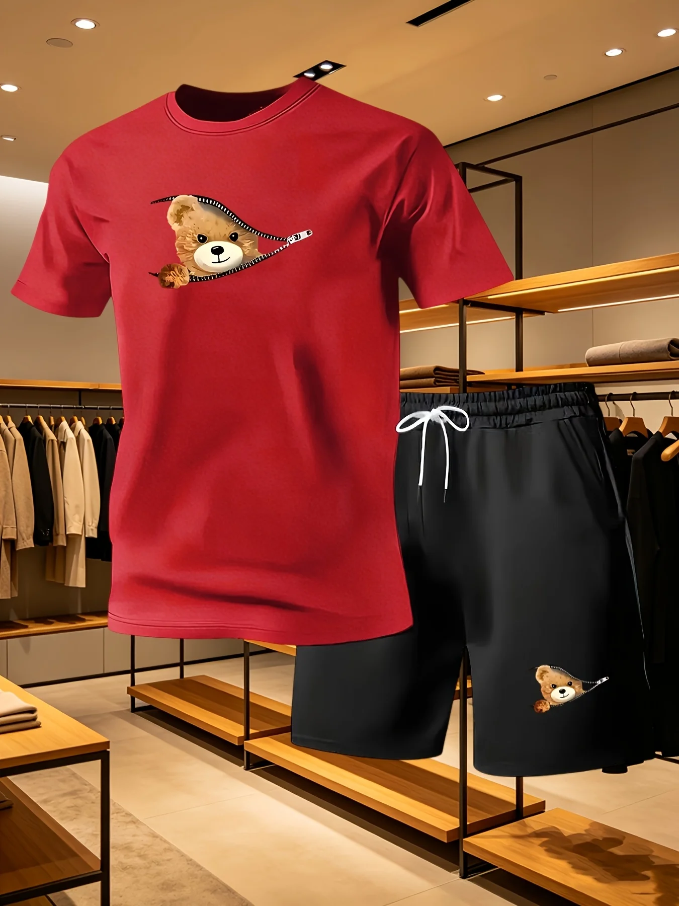 Summer Holiday Essential Men Casual Set Zip Bear Printed Crew Neck Tshirt Loose Beach Shorts Comfort Home Loungewear view 5
