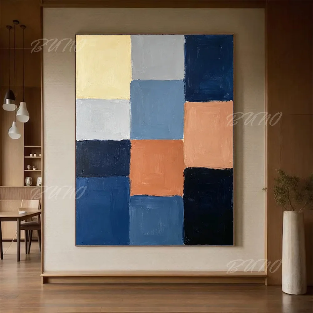 100% Handmade Abstract Oil Painting Original Blue Orange Geometric Color Block Wall Art For Home Living Room Bedroom Decor