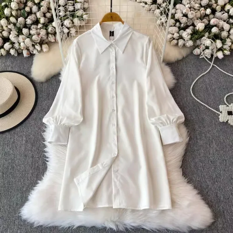 Neploe 2024 Autumn Sweet Age Reducing Two Piece Set Femme Simple Solid Color Lapel Collar Shirt Dress Split Knitted Tank Vest