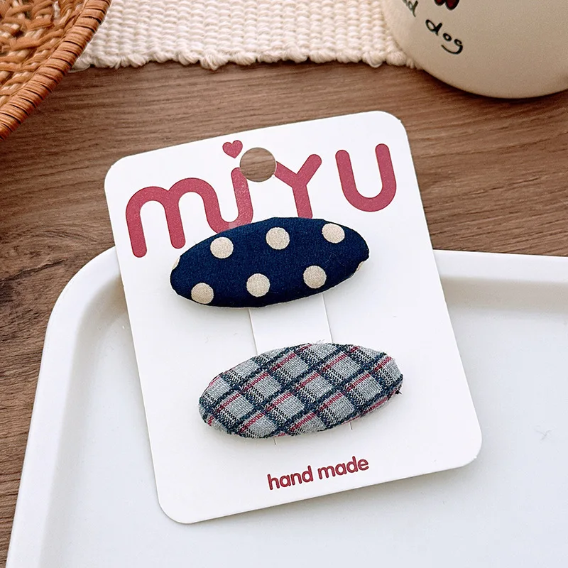 

Korean Fabric Hair Clips 2PCS Blue Plaid Polka Dot Oval Barrettes for Women Girls Non-Slip Hair Accessories