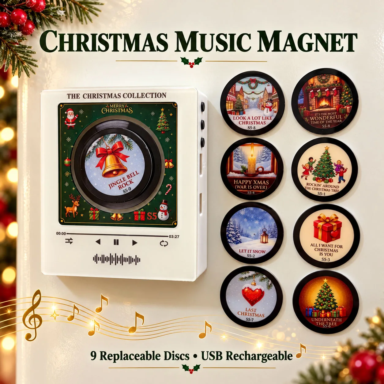 Magnet Fridge Christmas Music Box Magnetic Record Player 9 Replaceable Discs USB Rechargeable LED Night Light Decor Xmas Gift