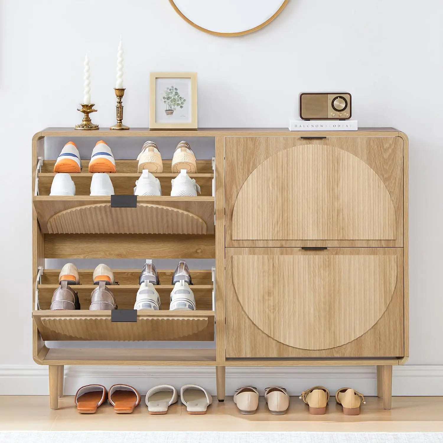 Slim Shoe Cabinet 4 Flip-Down Drawers Round Fluted Panel Hidden Wood Organizer for Entryway Hallway, Customized