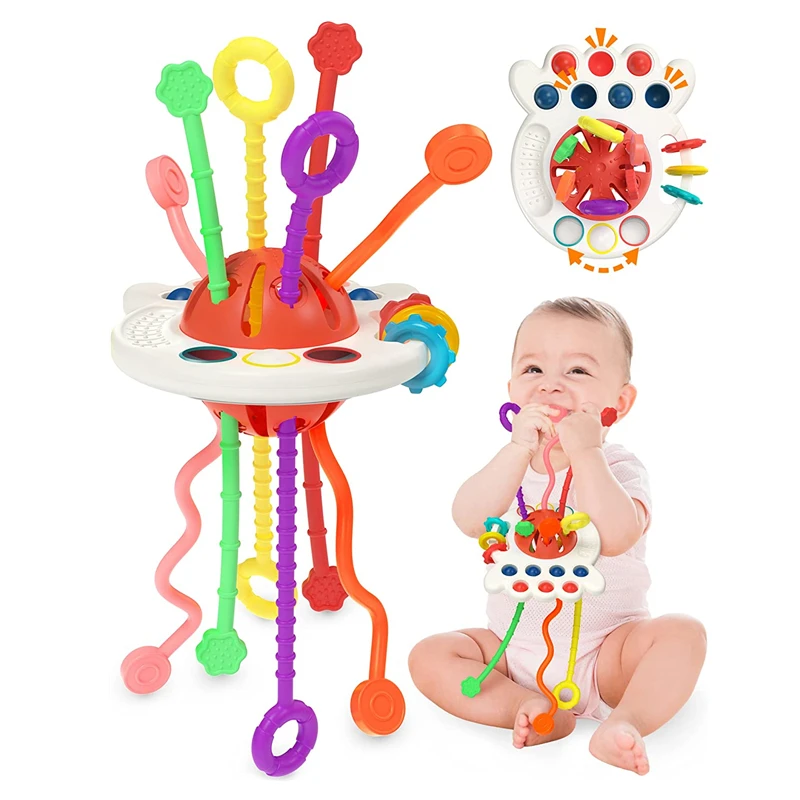 Baby Sensory Montessori Toy Pull String Silicone Teething Toy, Educational Bath Learning Birthday Gift for Infant Toddlers