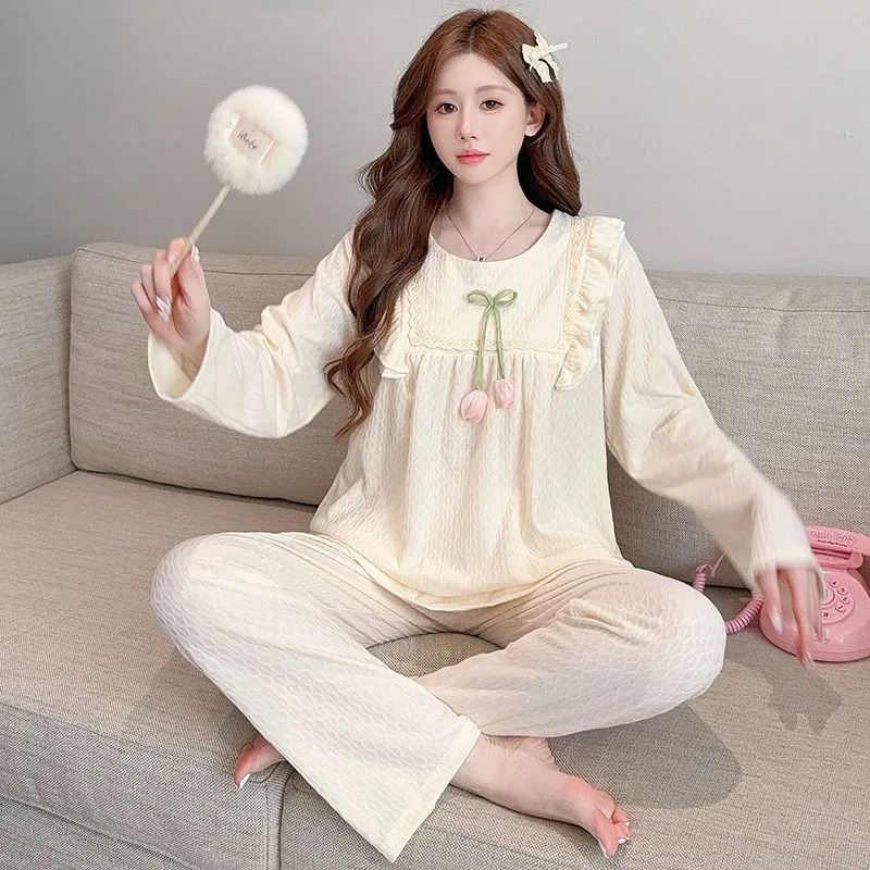 

M-5XL Large Size Korean Cotton Pajamas Women's Spring Autumn Long-sleeved Trousers Set Loose Princess Style Loungewear Outwear