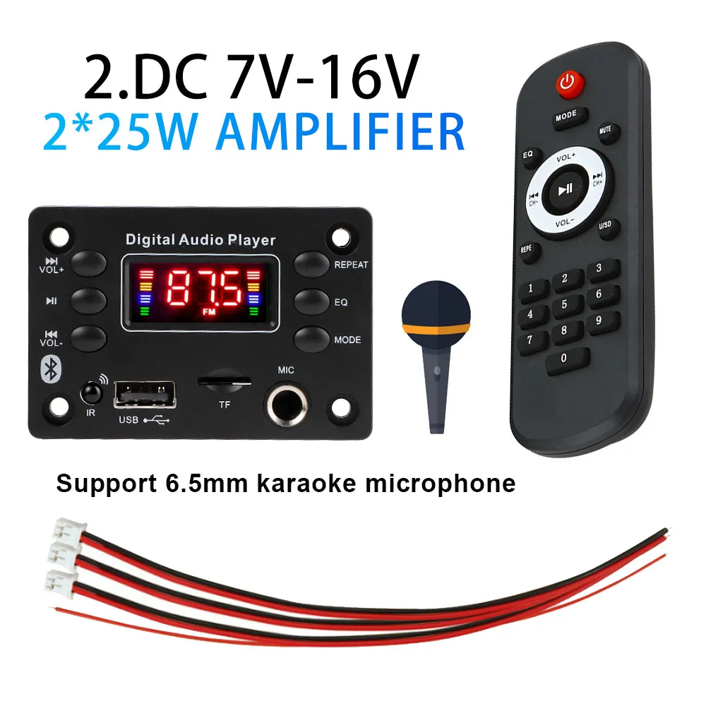 DC 7V 16V Bluetooth 5.0 MP3 WMA Decoder Board 50W Amplifier 6.5mm Microphone FM Radio USB TF Mp3 Music Player Speaker Hands-free