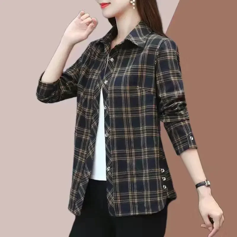

Spring and Autumn New Polo-Neck Shirt Plaid Button Splicing Pockets Loose Casual Versatile Long Sleeves Cardigan Tops