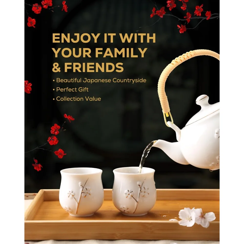Japanese White Porcelain Tea Set with Teapot 6 Cups Tray Stainless Infuser Plum Design - view 2