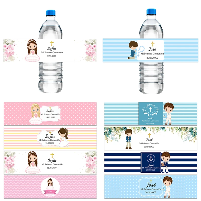 30pcs Custom Boys Girls Mi Primera Comunión Decor Water Bottle Labels Stickers Self-adhesive Christening Baptism Communion