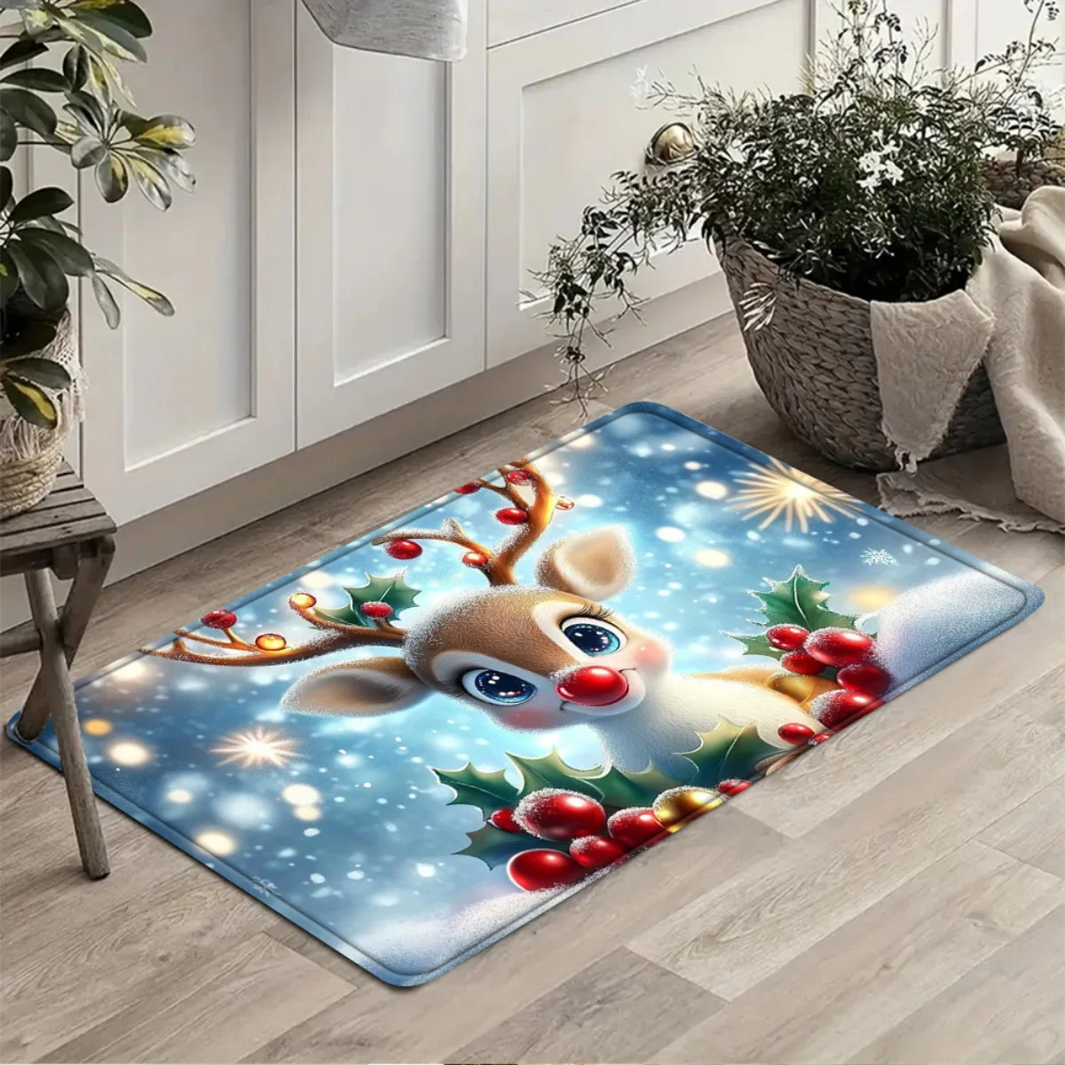 1pc Christmas Deer Bath Mat - Soft Non-Slip Blue Winter Wonderland Rug with Holly Berries & Snowflakes, Plush Polyester Fabric
