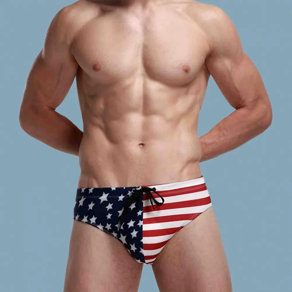 Breathable Men Swim Briefs Trunks Washable Stretchy USA Flags Design Swimming Trunks for Water Activity