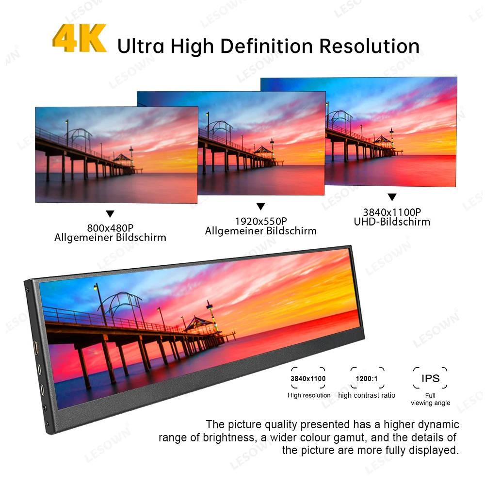 LESOWN Portable Monitor 14.1 Inch 4K Elongated Display 3840x1100 HDMI USB-C Extended Computer Monitor for Laptop PC Switch PS5