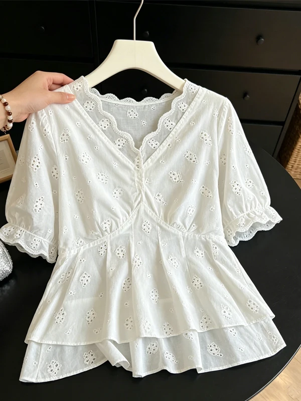 

plus Size V-Neck Lace Shirt Women's Bubble Sleeve Waist-Cinching Top Korean Style Commute Fashion Summer New Arrival