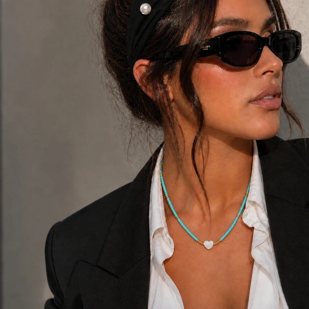 1pc Bohemian Heart Shell Pendant Necklace for Women Turquoise Bead Chain Zinc Alloy Lobster Clasp 42cm with 5cm Extender