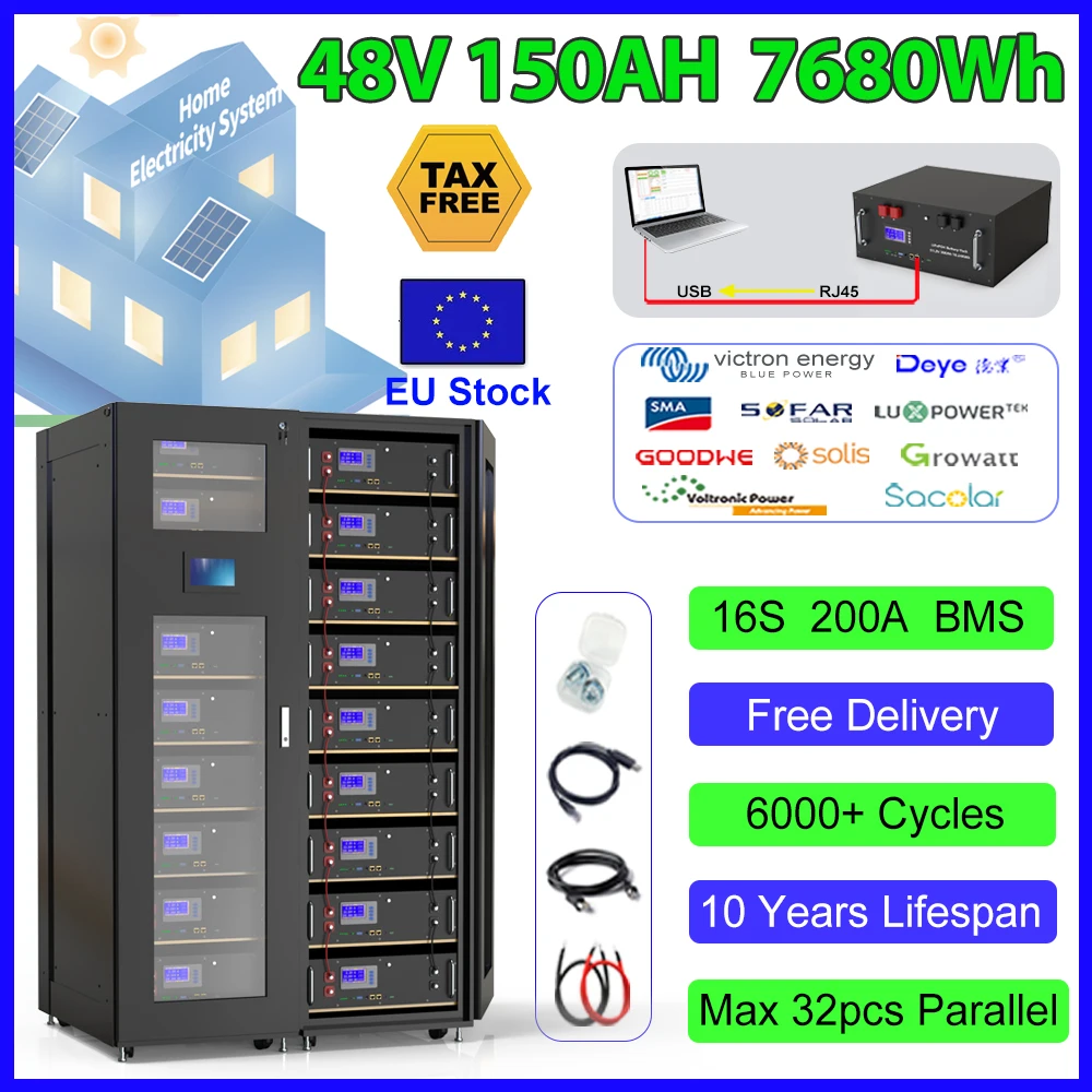 

LiFePO4 48V 150Ah 100Ah 200Ah Battery Pack 6000+ Cycles Built-in 16S 200A BMS RS485 CAN Max 32 Parallel for Home Energy Storage