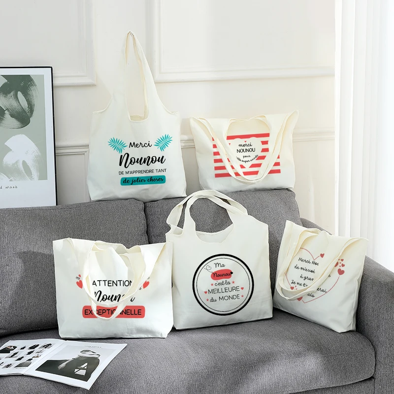 

1 pc Thank You Nanny merci nounou pattern Tote Bag Literature Shoulder Bag Illustration Girl Book Bag gift for nounou nanny