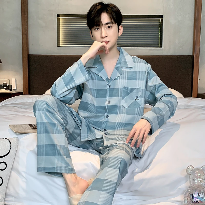 

Casual Tracksuit Men Lapel Cardigan Soft Cotton Pajamas Set Loose Nightwear For Male Home Clothing Night Shirts+Bottom Pants