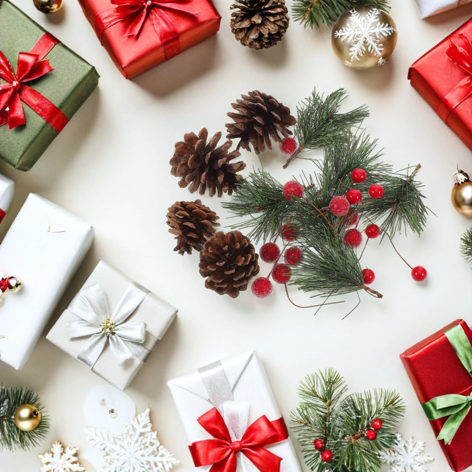 

Christmas Pine Cone Red Berry Picks Set Natural Pine Needles Faux Plants for Festive Party Decoration Artificial Christmas Picks