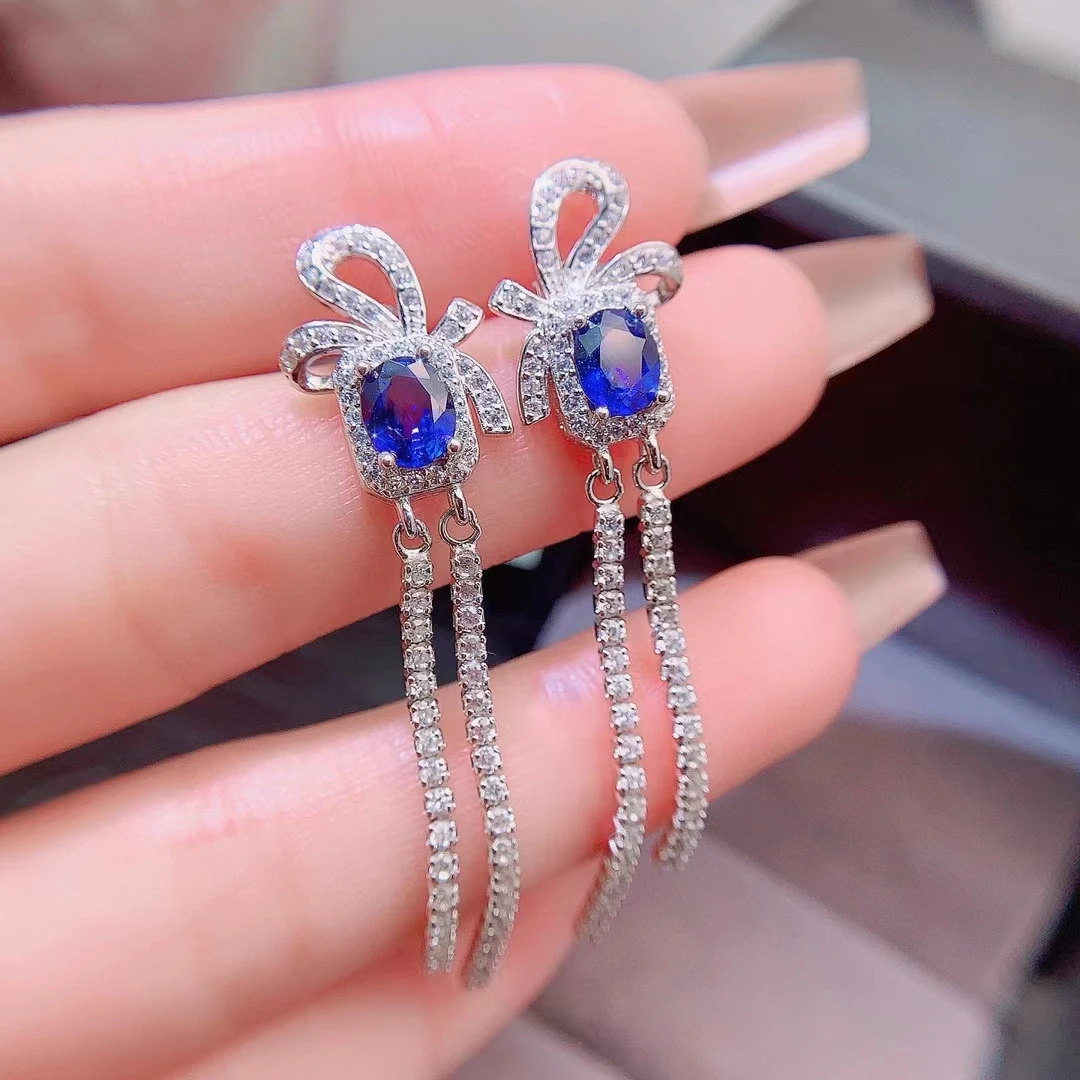 Royal Blue Sapphire Earrings 5mm*6mm Natural Heated Sapphire Silver Earrings for Office Woman 18K Gold Plated 925 Silver Jewery