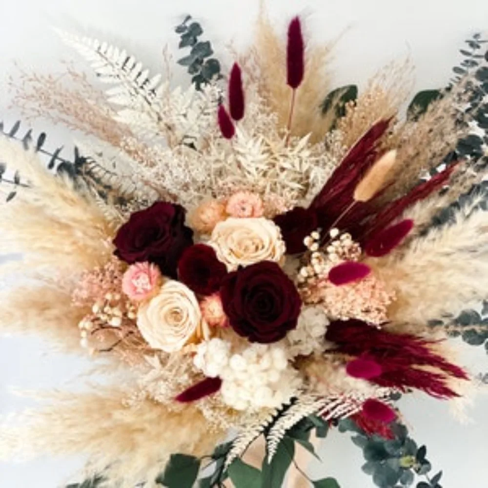 Bouquet de Fleurs vaccées Bordeaux, Blush et Verdure, Pampa Enge, Mariée et Demoiselles d'Honneur, Fleurs de Mariage