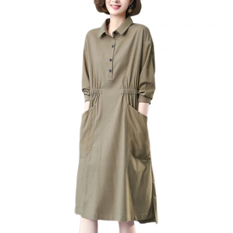 فستان من القطن والكتان عالي الجودة، نمط جديد للربيع والخريف، مزاج فضفاض، تنورة قميص بمقاس كبير، لون سادة للسيدات