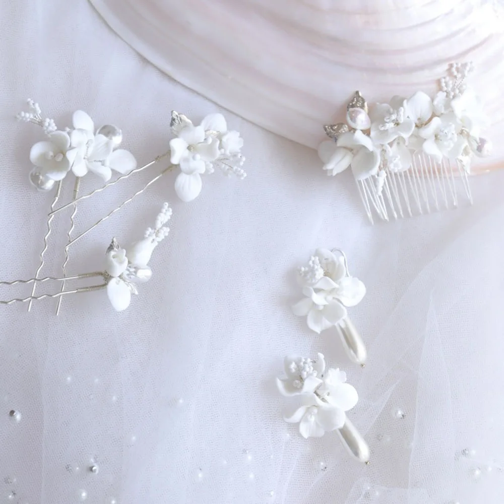 SLBRIDAL Handgefertigter Haarkamm aus Legierung mit Blatt-, Tonblumen- und Perlenverzierung, Haarnadel, Ohrringe, Hochzeit, Brautjungfern, Damen, Mädchen, Haarschmuck – Detail 2