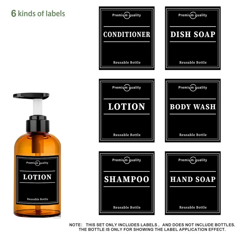 Soap Dispenser Labels Waterproof Black Lotion Label Shampoo Conditioner Body Wash Bathroom Shower Bottle Sticker 6 PCS