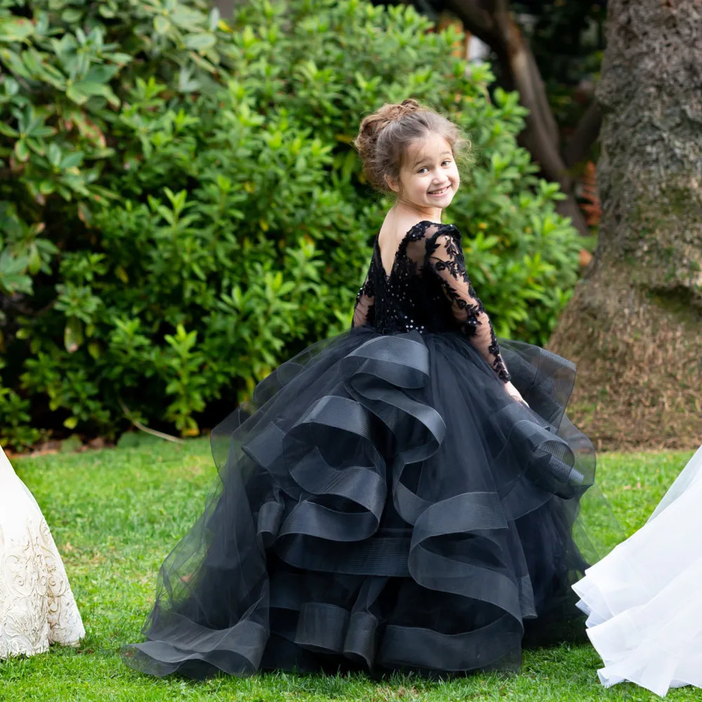 สีดําสีขาวแขนยาวชุดสาวดอกไม้งานแต่งงาน Tulle Ruffle ลูกไม้เด็กประกวด Ball Gowns สาวชุดวันเกิด Custom Made