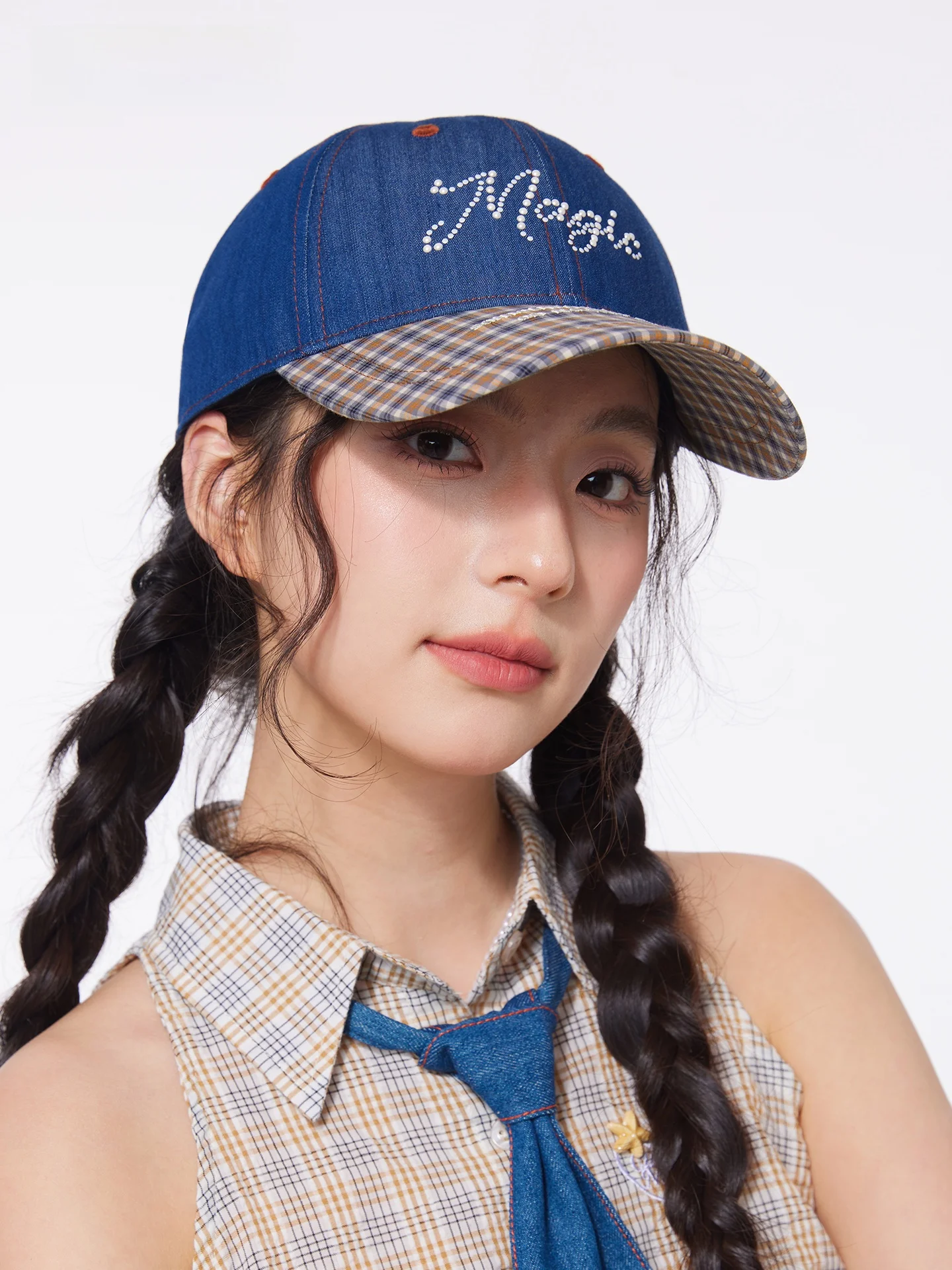 cacuss-レディース-春夏-デニム-ベースボールキャップ-タッセル付き-フレッシュスタイル-チェック柄-カラーブロック-ラインストーン-フェイススリミングハット