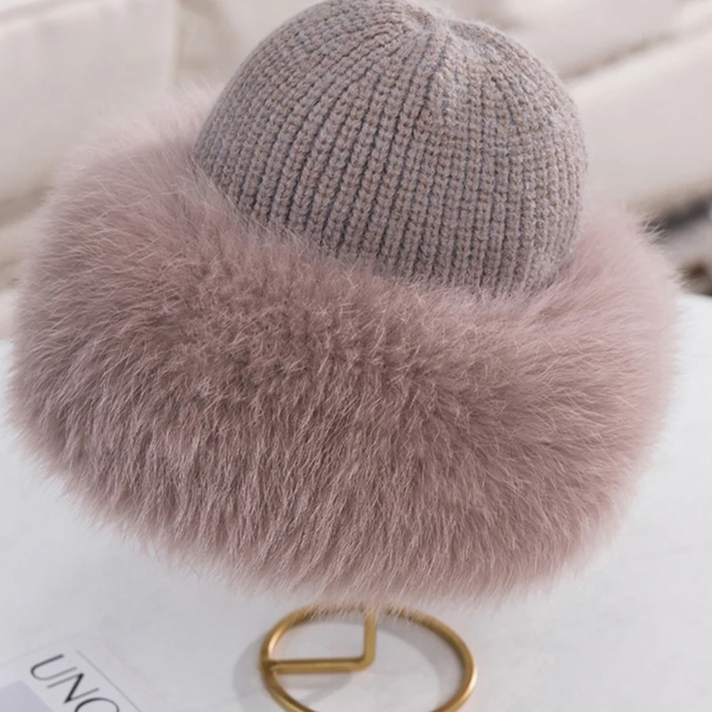 Winter Hats Women Natural Fox Fur Fuffy Warm Fashion Stylish Fedoras Knitted fur hat