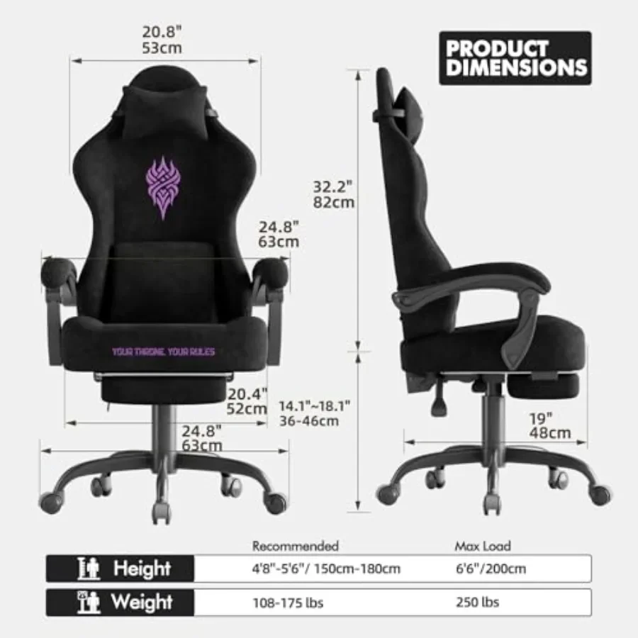 Gaming Chairs for Video Gamers and Office Use, Black Velvet Fabric with Ergonomic Design, Reclining Function, Footrest, Massage
