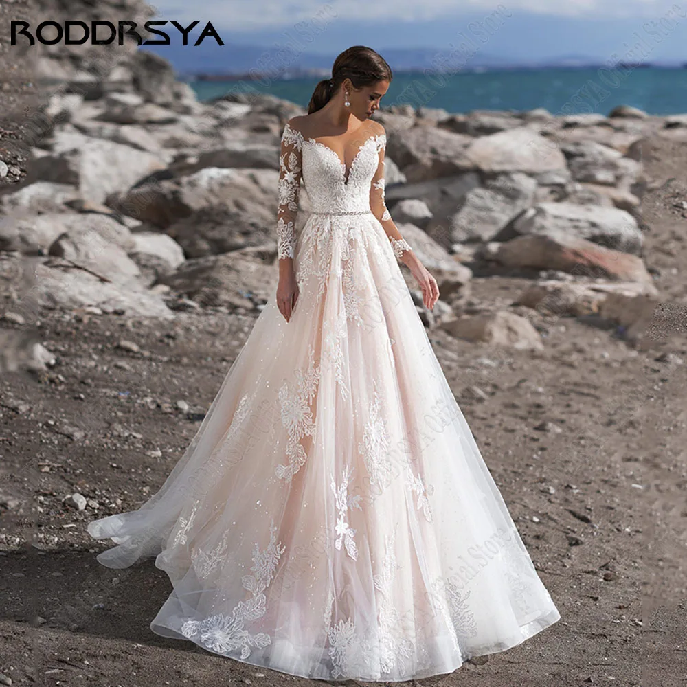 RODDRSYA Elegant Wedding Dress With Long Sleeves Illusion O-Neck Classic Bride Gowns A-Line Sweep Train 2023 vestidos de novia